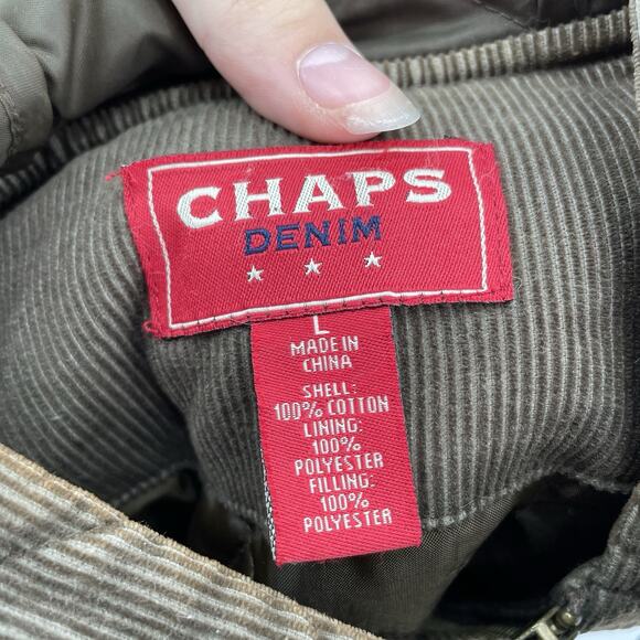 Chaps Denim Corduroy Jacket Women Large Brown Toggle Quilted Hood Rustic - Picture 8 of 11